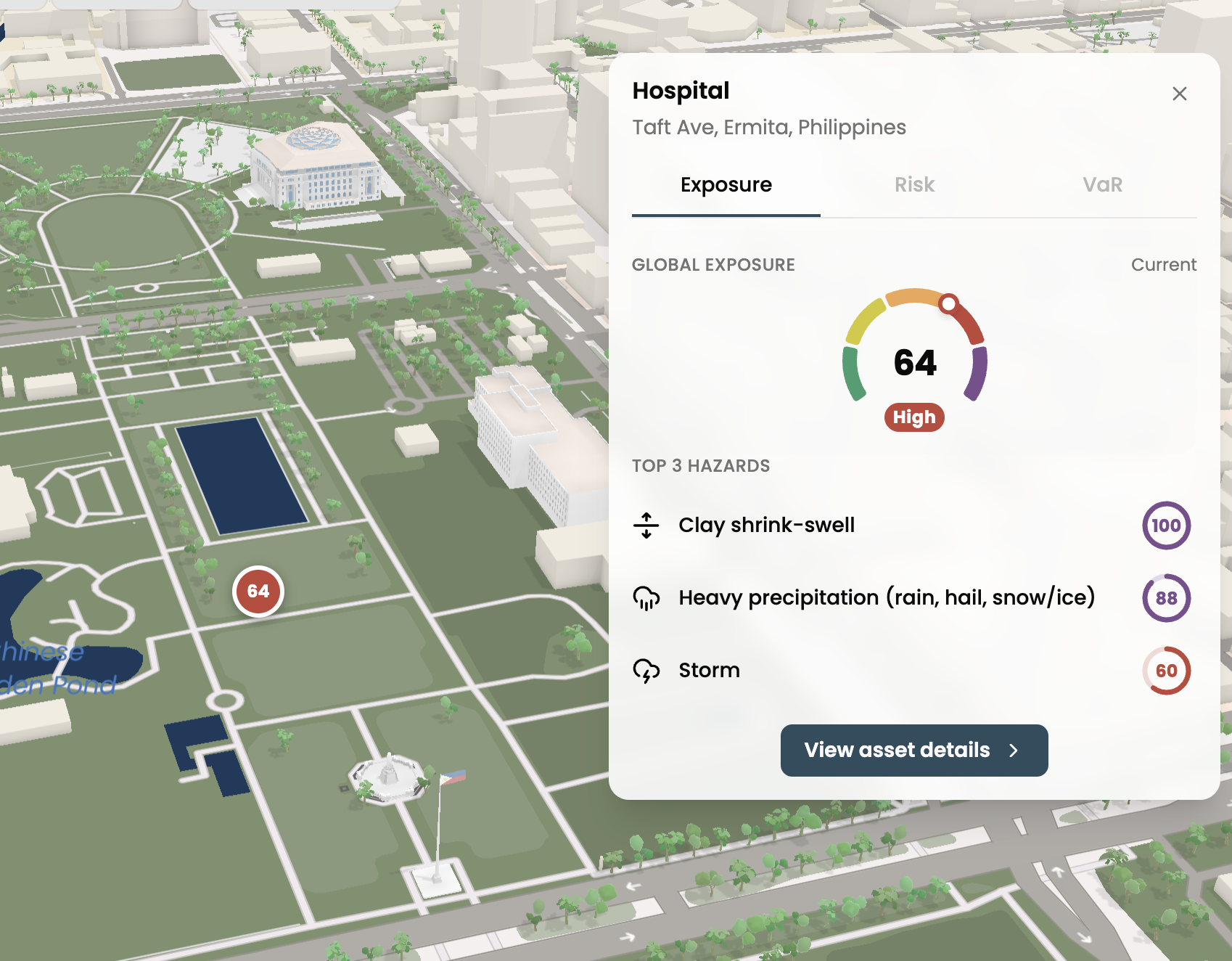 Fiche d'un data center aux Pays-Bas sur la carte Climate Pacer : indice d'exposition global de 41 à l'horizon 2075 · SSP5-8.5, et les trois aléas les plus contributifs : températures de l'air, régimes de précipitations, tempête.