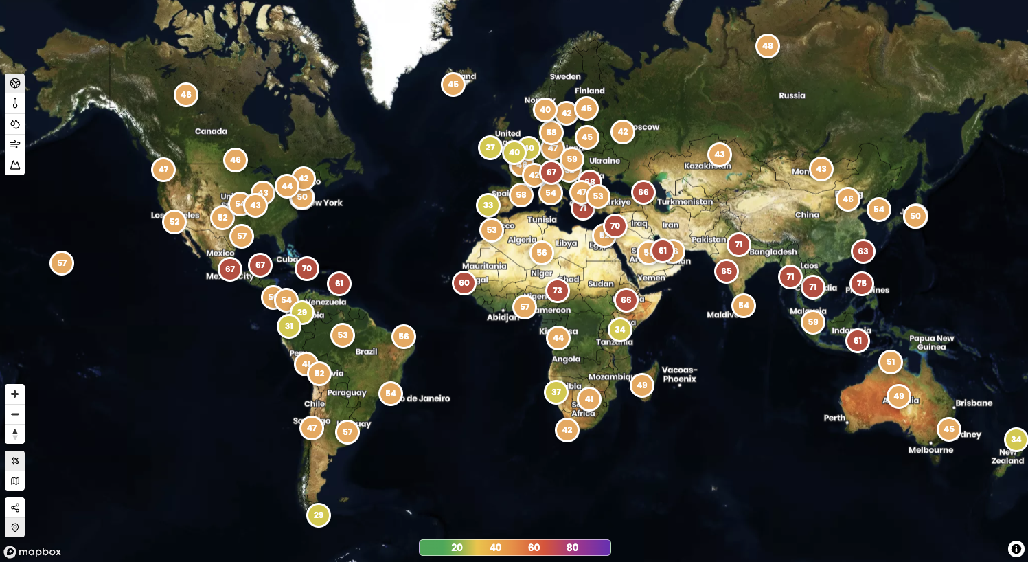 Carte mondiale Climate Pacer : portefeuille d'actifs géolocalisés, colorés selon leur indice d'exposition, horizon 2075 · SSP4.5